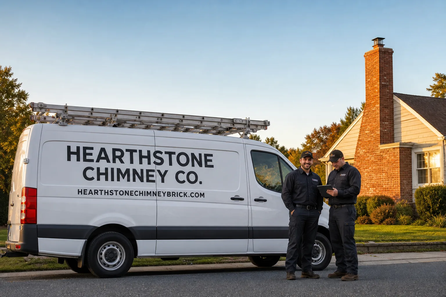 Hearthstone Chimney Co. chimney cleaning service vehicle and crew in Brick, NJ